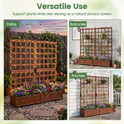 Dual Wooden Raised Garden Bed with Trellis, Rustic Brown