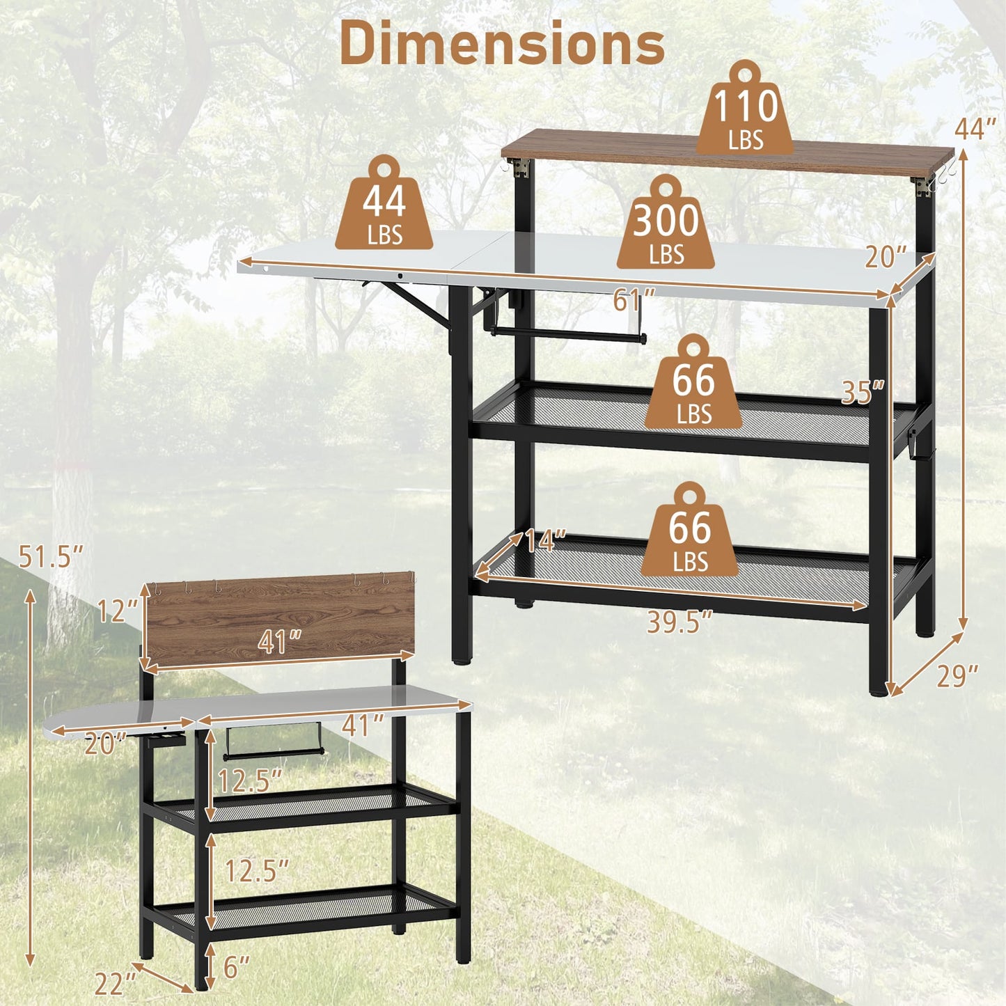 Outdoor Foldable Grill Table with Flip-Up Top and 2 Storage Shelves for Backyard Garden