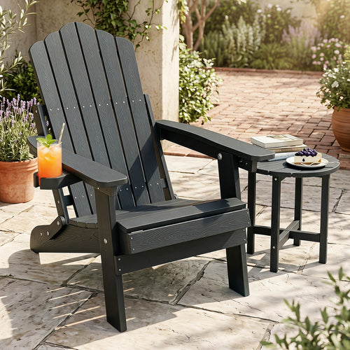 Folding Adirondack Chair, Cup Holder, 5-Level Backrest, Black