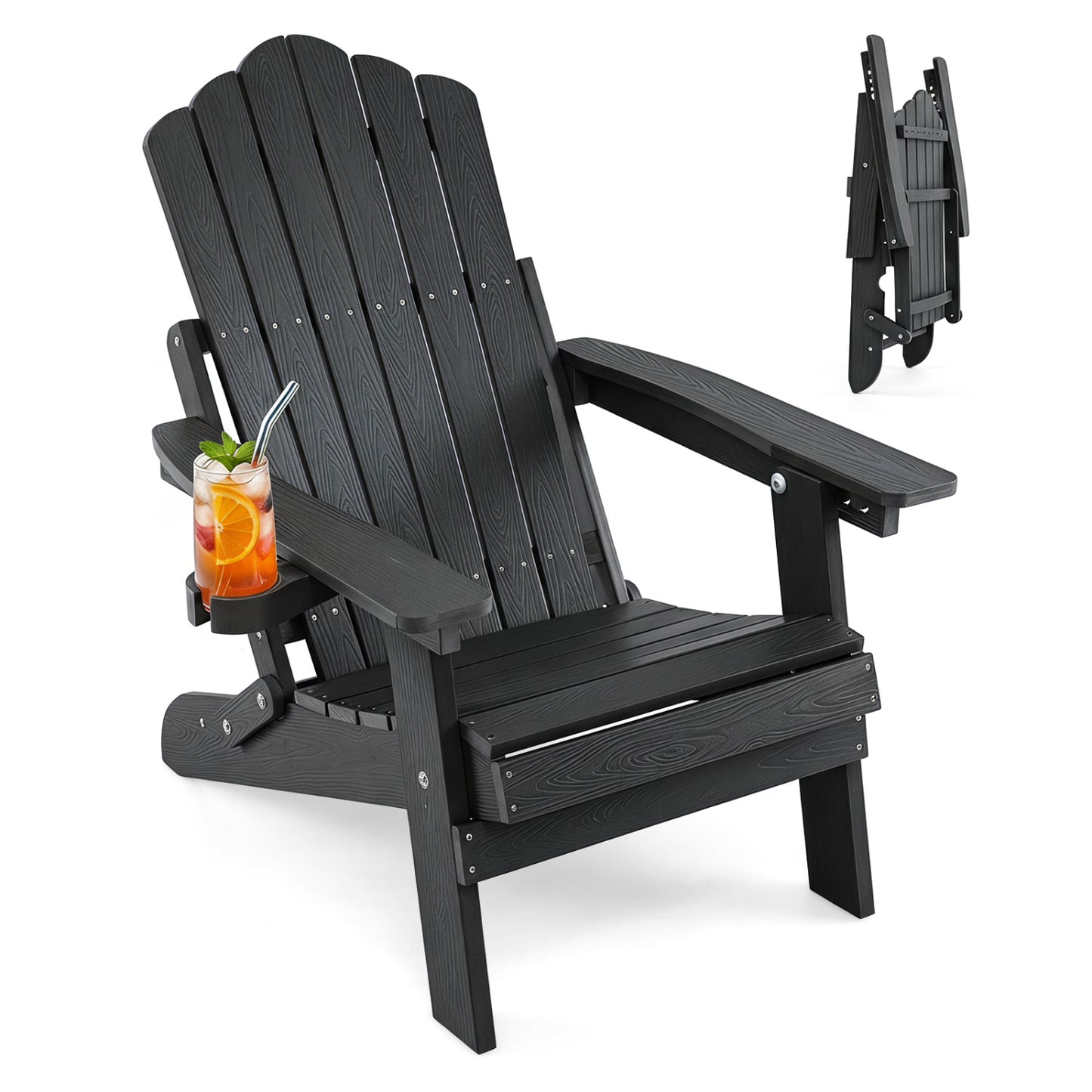 Folding Adirondack Chair, Cup Holder, 5-Level Backrest, Black
