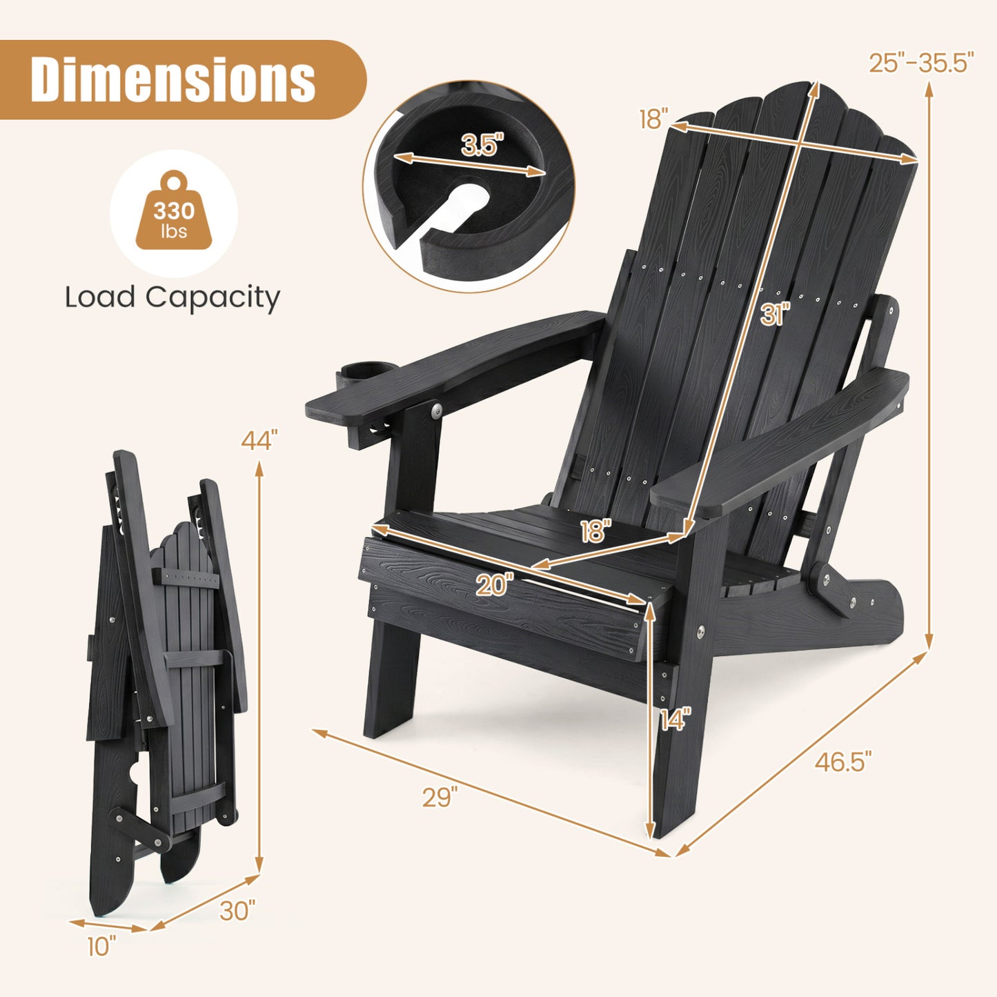 Folding Adirondack Chair, Cup Holder, 5-Level Backrest, Black