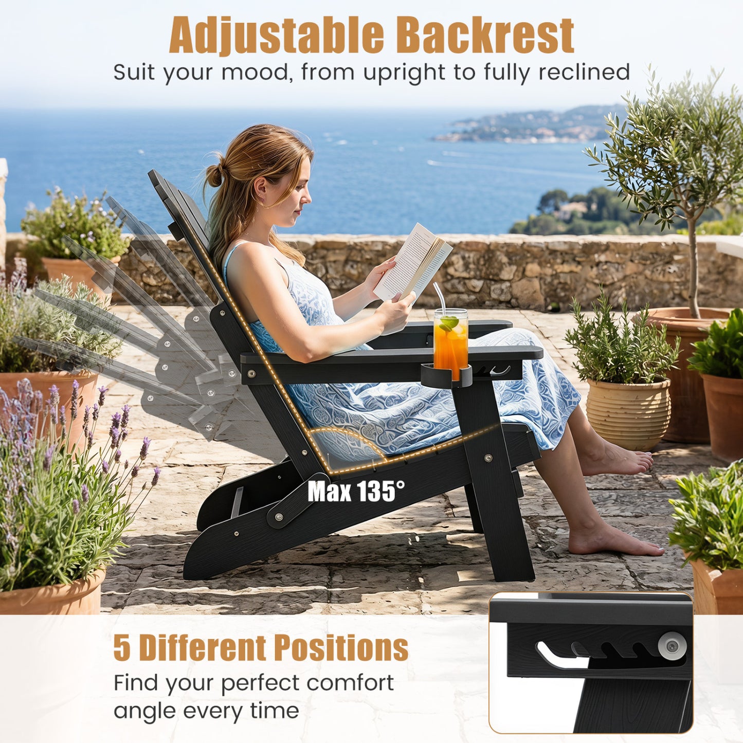 Folding Adirondack Chair, Cup Holder, 5-Level Backrest, Black