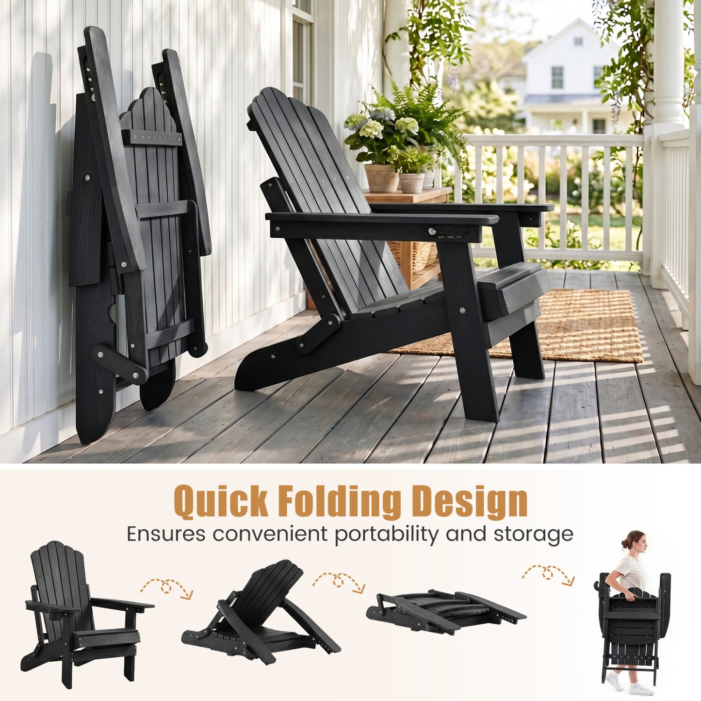 Folding Adirondack Chair, Cup Holder, 5-Level Backrest, Black