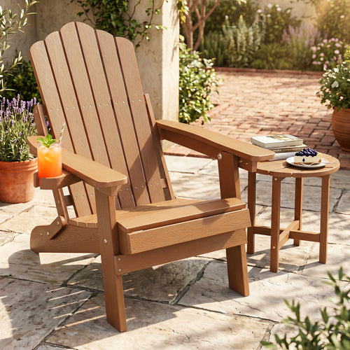 Outdoor Folding Adirondack Chair With Cup Holder, 5-Level Backrest, Coffee