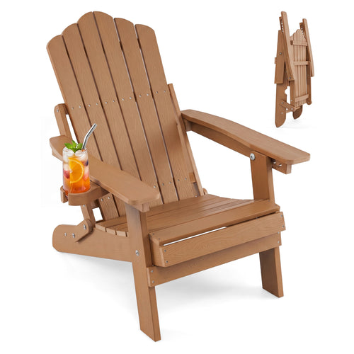 Outdoor Folding Adirondack Chair With Cup Holder, 5-Level Backrest, Coffee