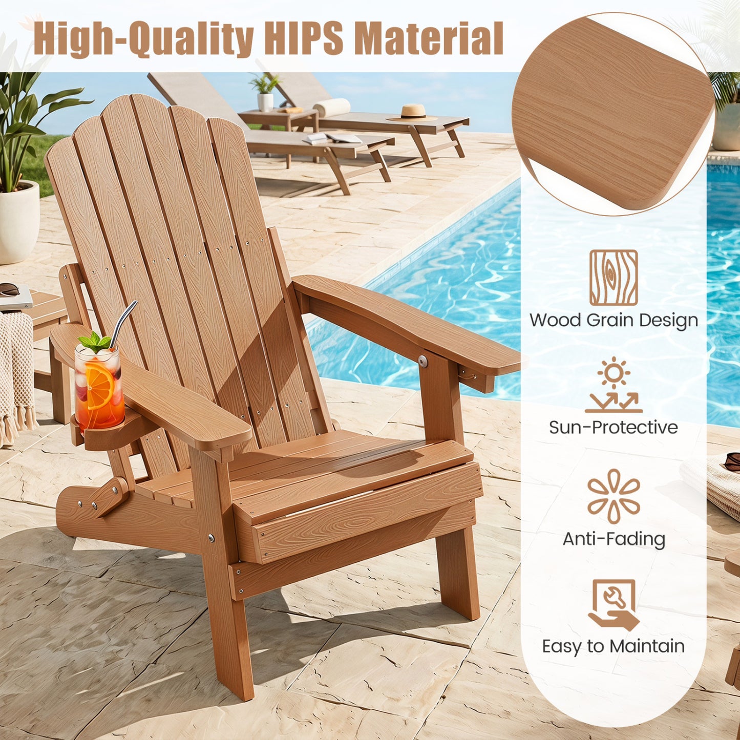 Chaise Adirondack pliante d'extérieur avec porte-gobelet, dossier à 5 niveaux, café