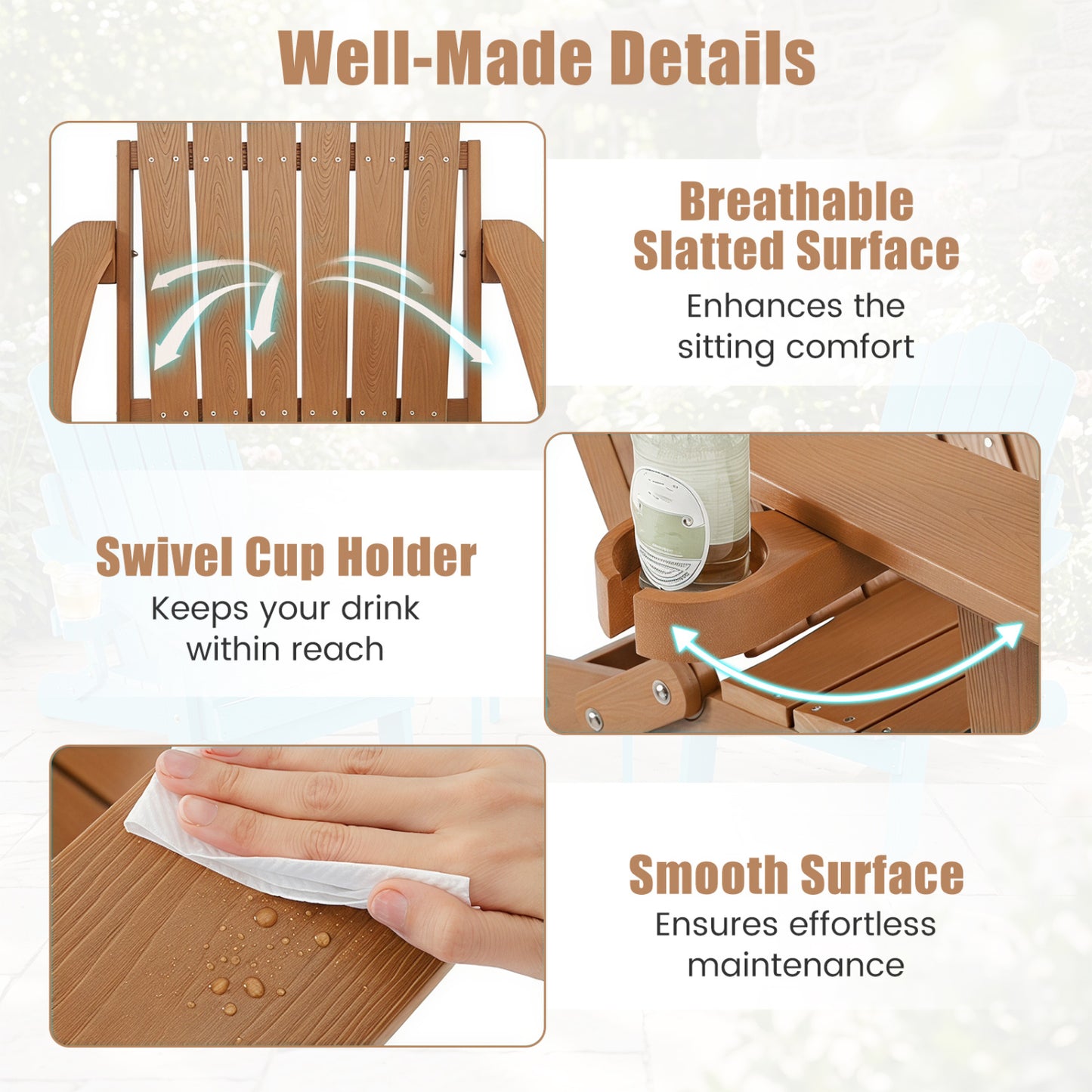 Chaise Adirondack pliante d'extérieur avec porte-gobelet, dossier à 5 niveaux, café