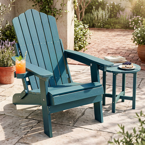 Outdoor Folding Adirondack Chair with Cup Holder, 5-Level Backrest, Green