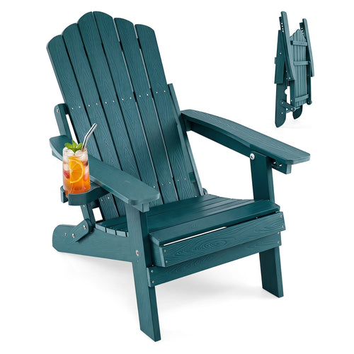 Outdoor Folding Adirondack Chair with Cup Holder, 5-Level Backrest, Green