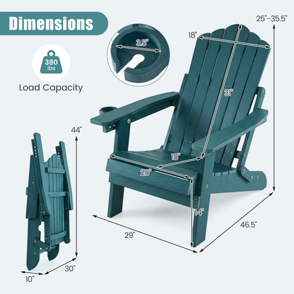 Outdoor Folding Adirondack Chair with Cup Holder, 5-Level Backrest, Green