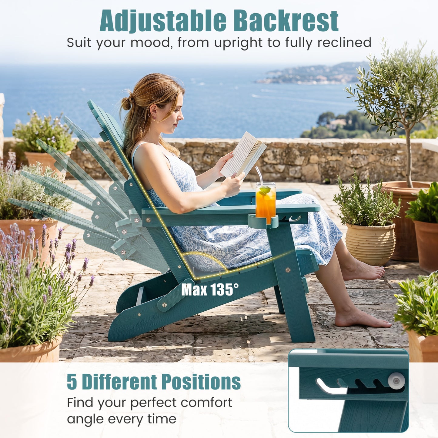 Outdoor Folding Adirondack Chair with Cup Holder, 5-Level Backrest, Green