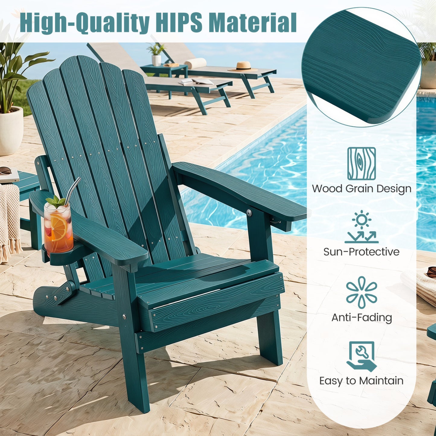 Outdoor Folding Adirondack Chair with Cup Holder, 5-Level Backrest, Green