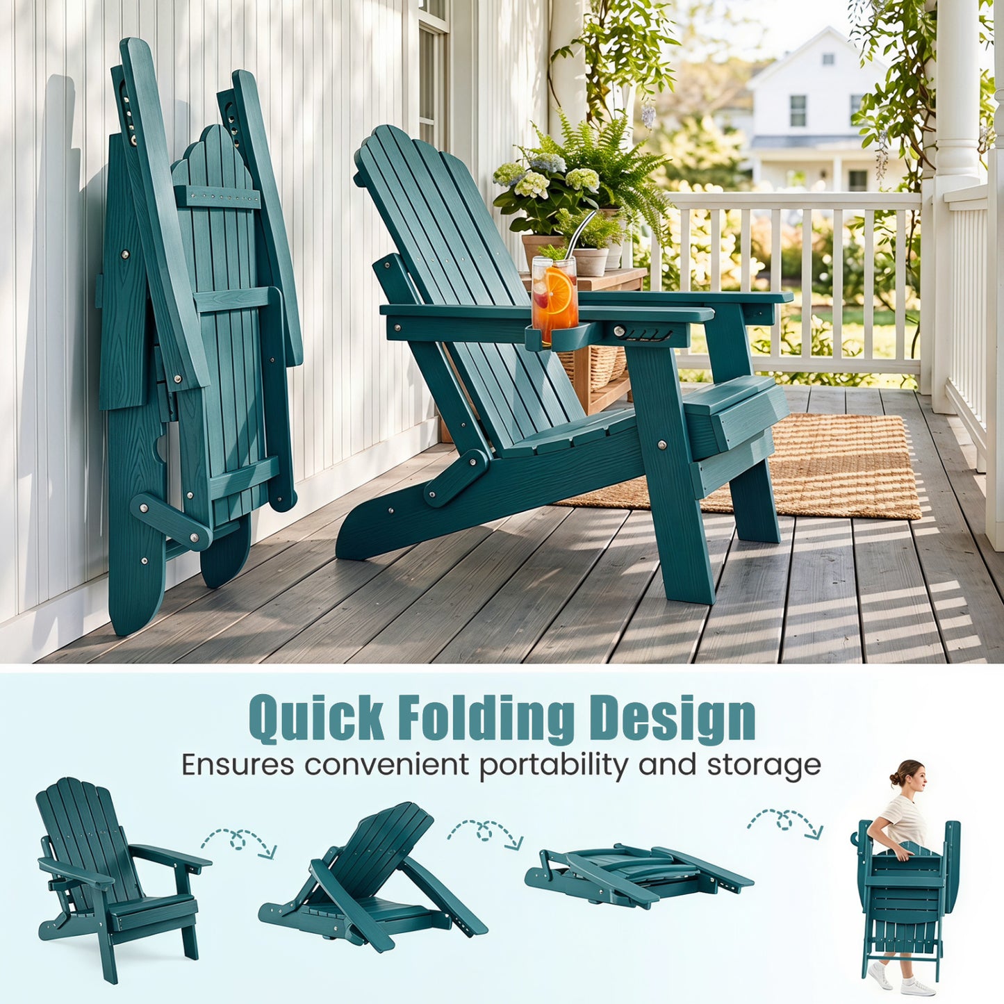 Outdoor Folding Adirondack Chair with Cup Holder, 5-Level Backrest, Green