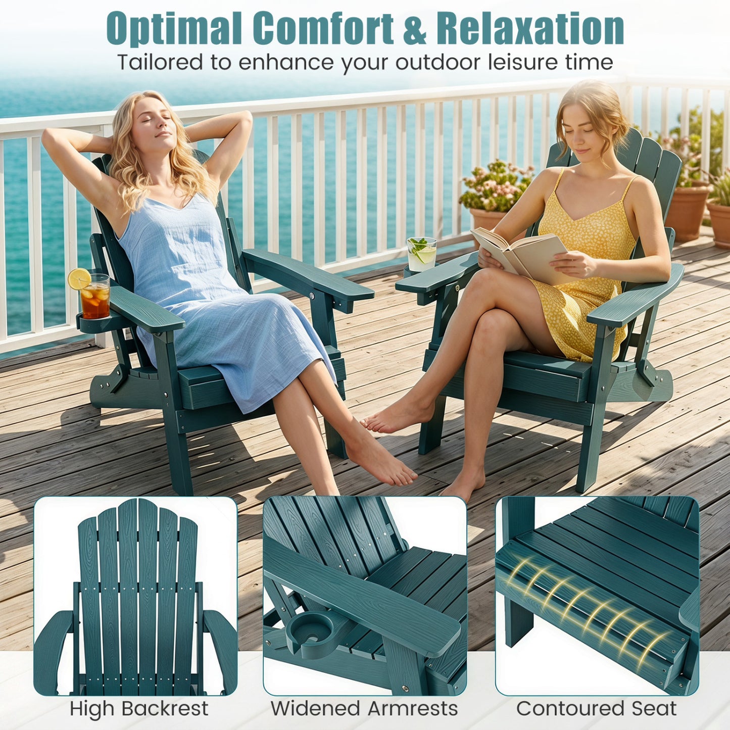 Outdoor Folding Adirondack Chair with Cup Holder, 5-Level Backrest, Green