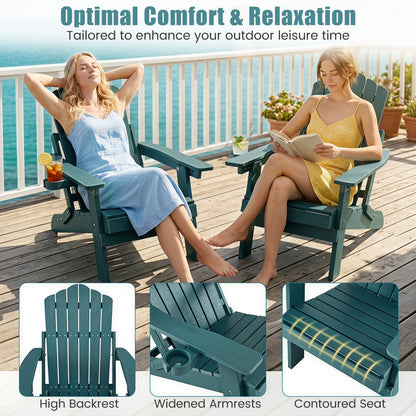 Outdoor Folding Adirondack Chair with Cup Holder, 5-Level Backrest, Green