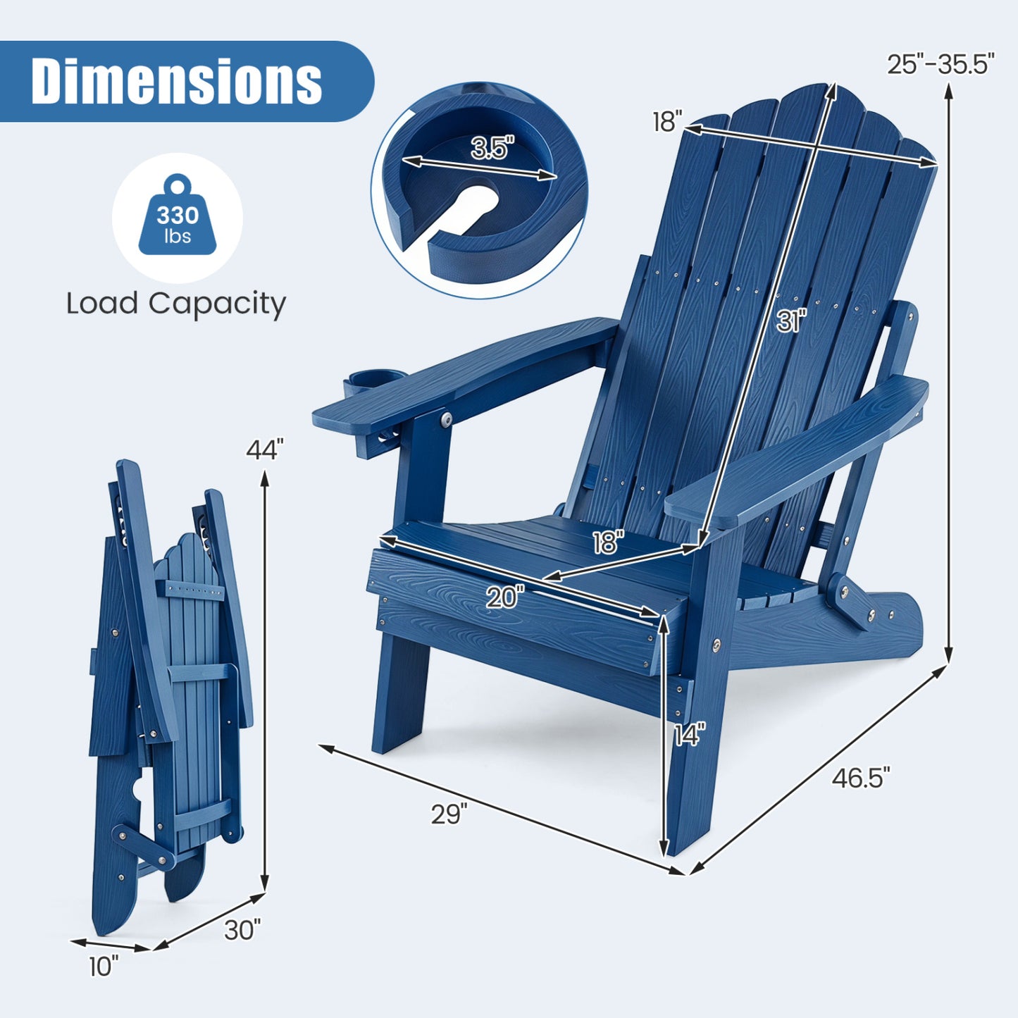Chaise Adirondack pliante avec porte-gobelet, bleu marine