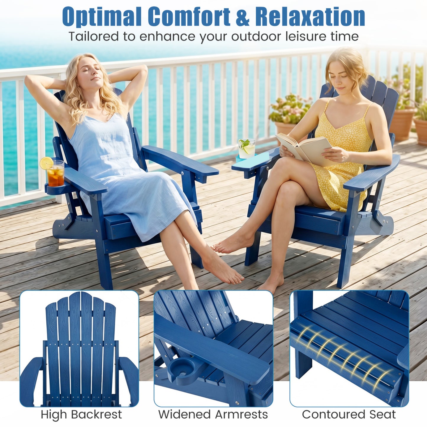 Chaise Adirondack pliante avec porte-gobelet, bleu marine