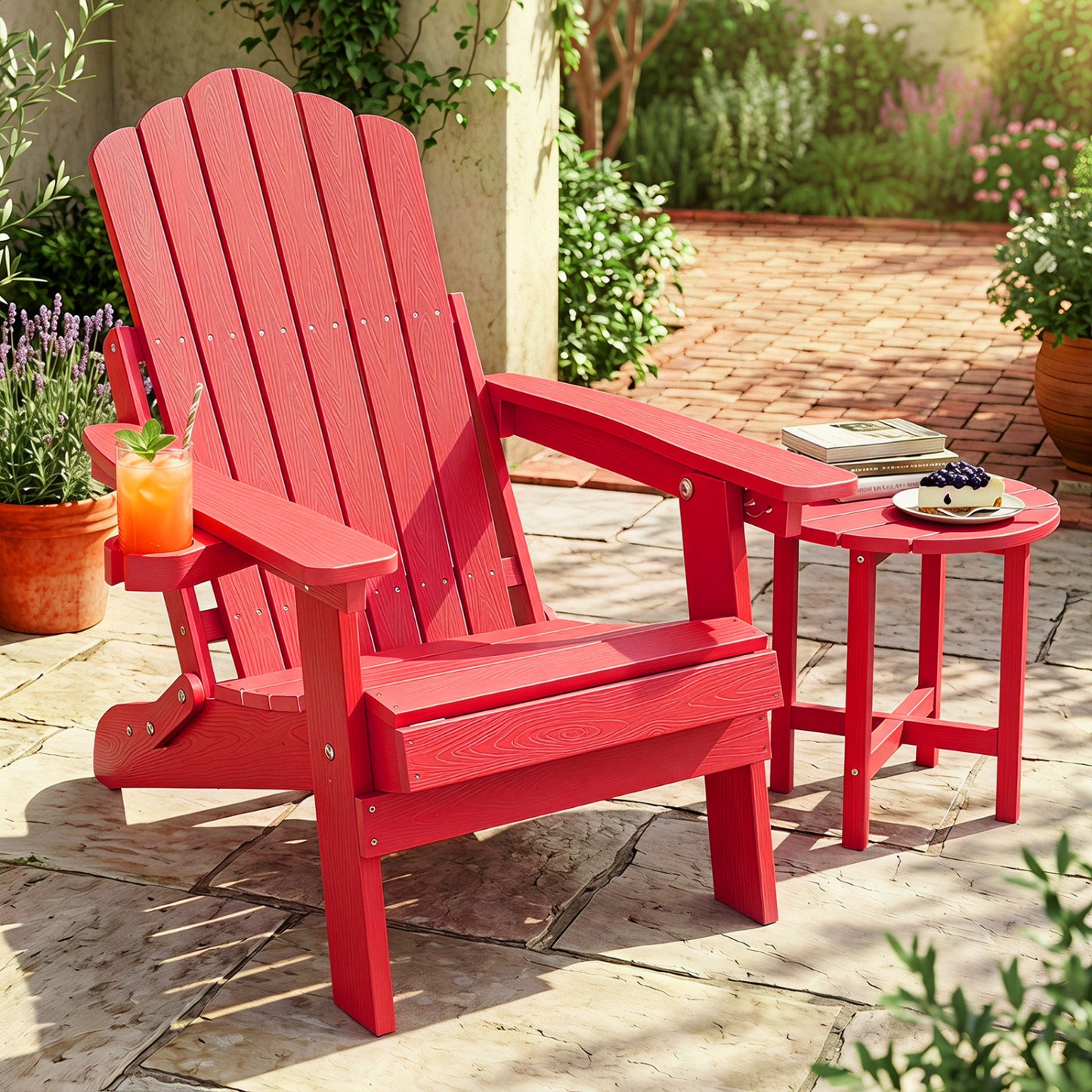 Outdoor Folding Adirondack Chair, Cup Holder, 5-Level Backrest, Red