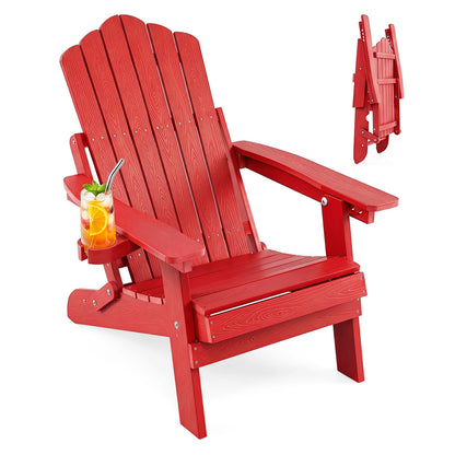 Outdoor Folding Adirondack Chair, Cup Holder, 5-Level Backrest, Red