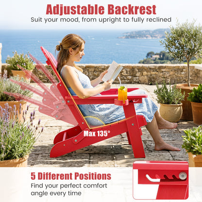 Outdoor Folding Adirondack Chair, Cup Holder, 5-Level Backrest, Red