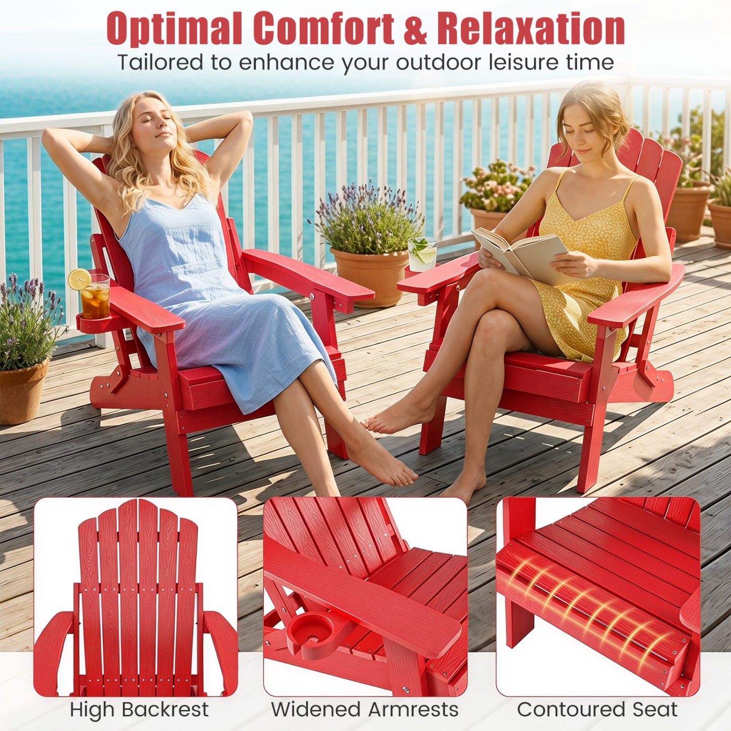 Outdoor Folding Adirondack Chair, Cup Holder, 5-Level Backrest, Red