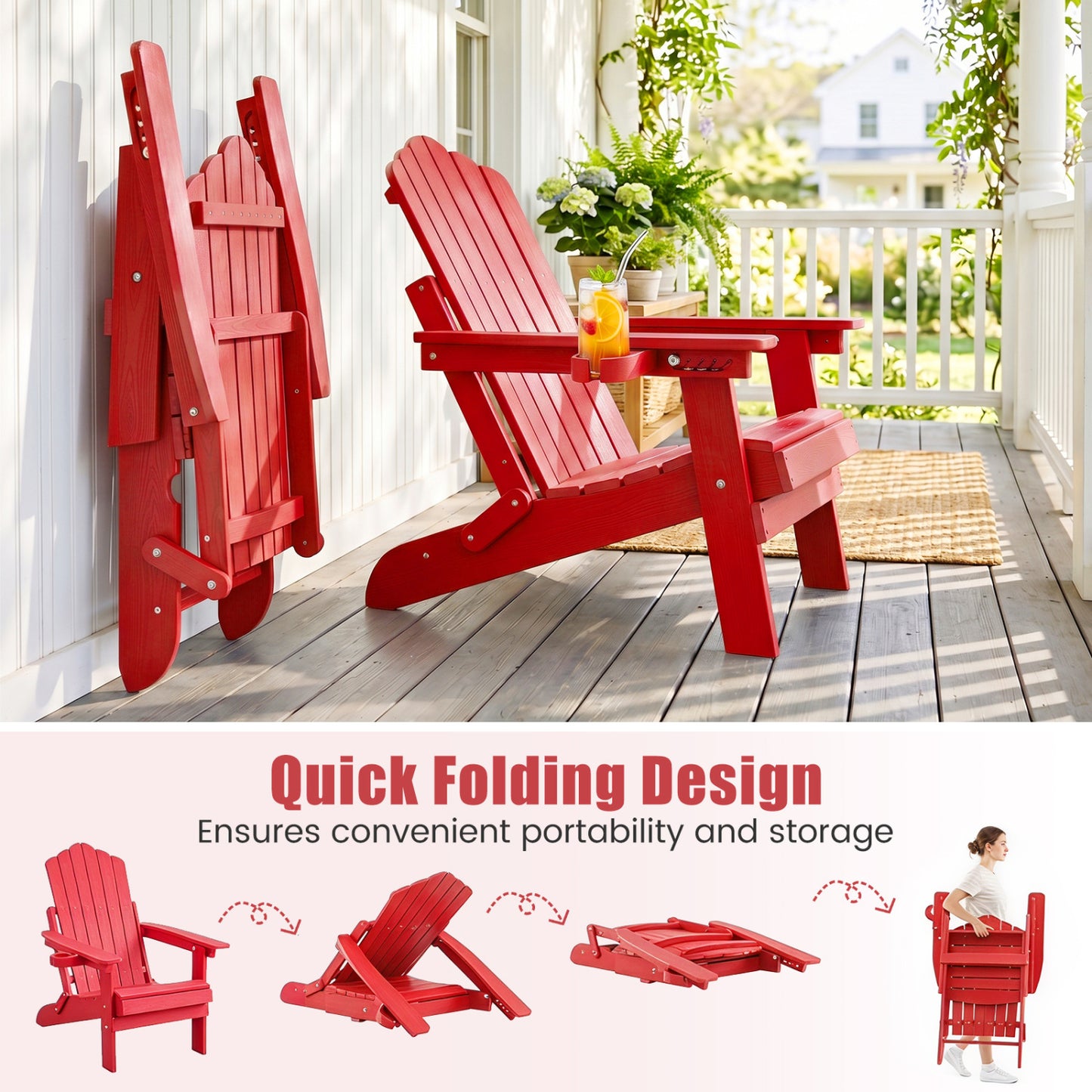 Outdoor Folding Adirondack Chair, Cup Holder, 5-Level Backrest, Red