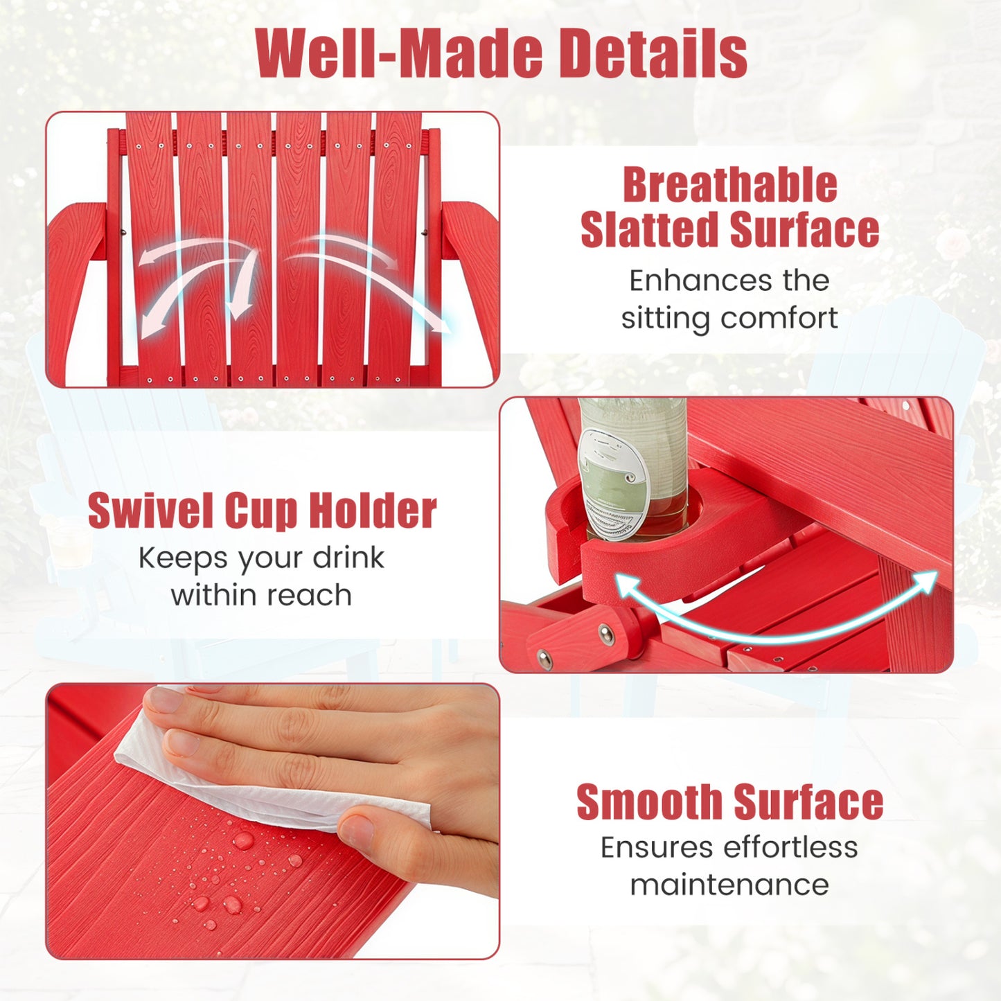 Outdoor Folding Adirondack Chair, Cup Holder, 5-Level Backrest, Red