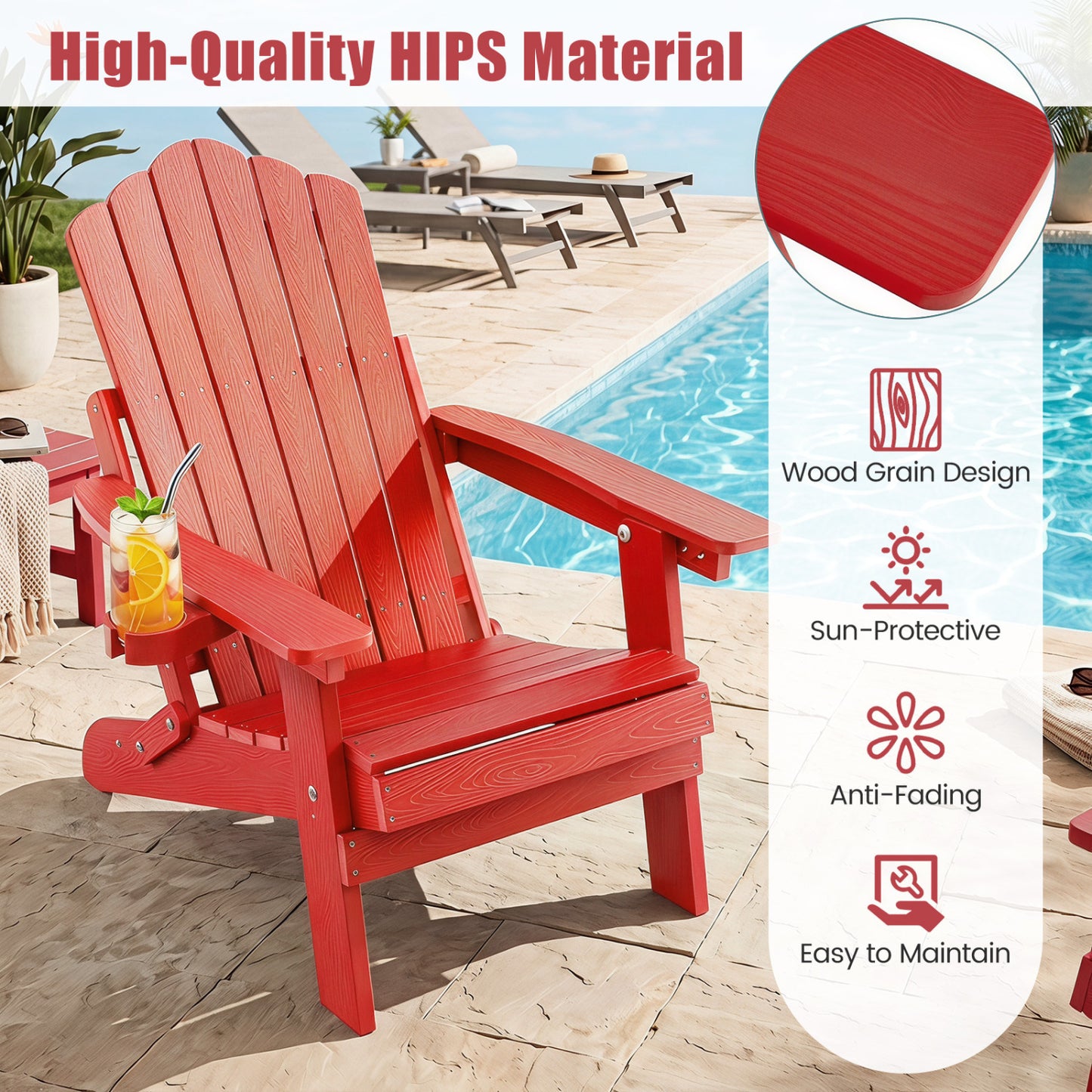 Outdoor Folding Adirondack Chair, Cup Holder, 5-Level Backrest, Red
