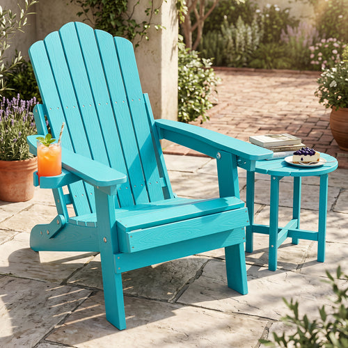 Outdoor Folding Adirondack Chair, Cup Holder, 5-Level Backrest, Turquoise