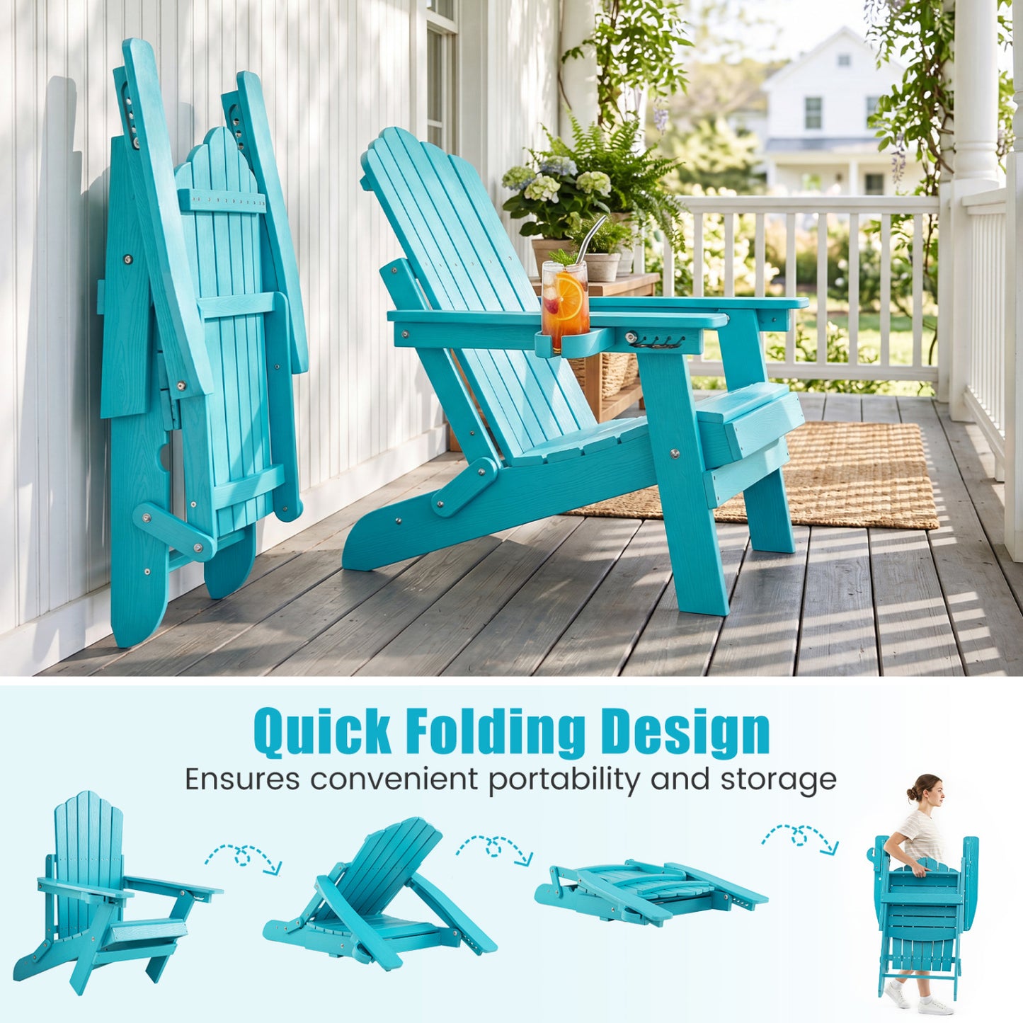 Outdoor Folding Adirondack Chair, Cup Holder, 5-Level Backrest, Turquoise