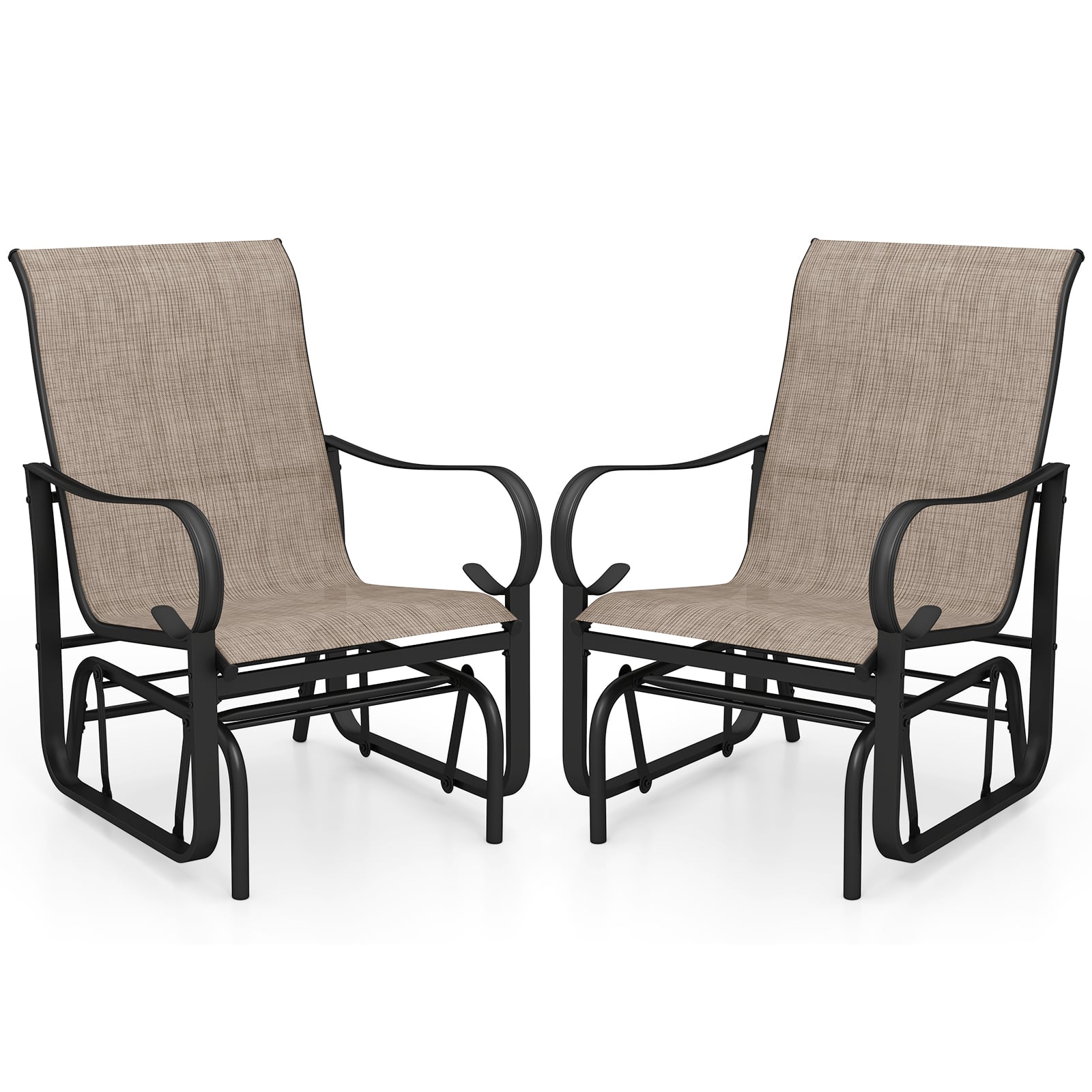 Outdoor Glider Chairs Set of 2, High Backrest, Breathable Mesh, Metal Frame, Black and Brown Patio Rocking Chairs & Gliders at Gallery Canada