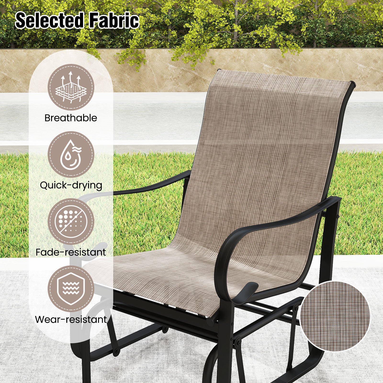 Outdoor Glider Chairs Set of 2, High Backrest, Breathable Mesh, Metal Frame, Black and Brown Patio Rocking Chairs & Gliders at Gallery Canada