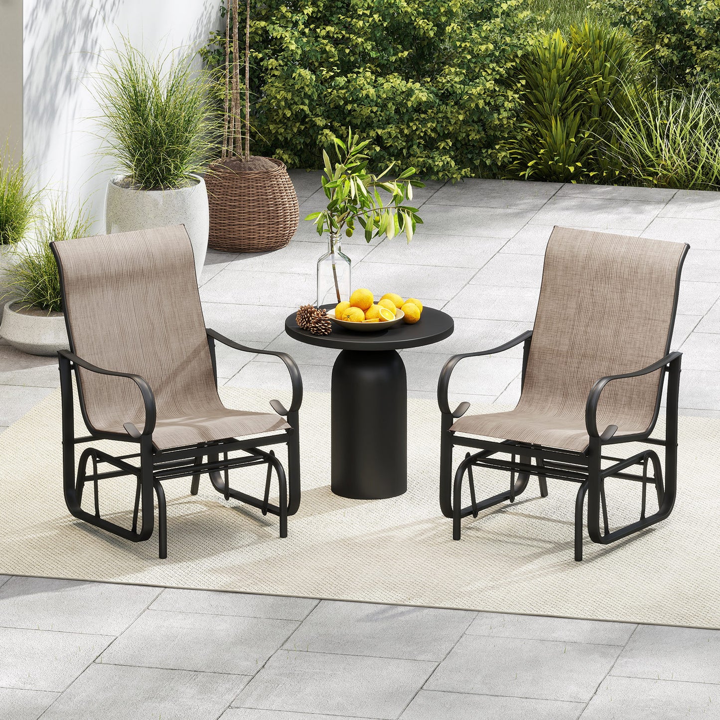 Outdoor Glider Chairs Set of 2, High Backrest, Breathable Mesh, Metal Frame, Black and Brown Patio Rocking Chairs & Gliders at Gallery Canada