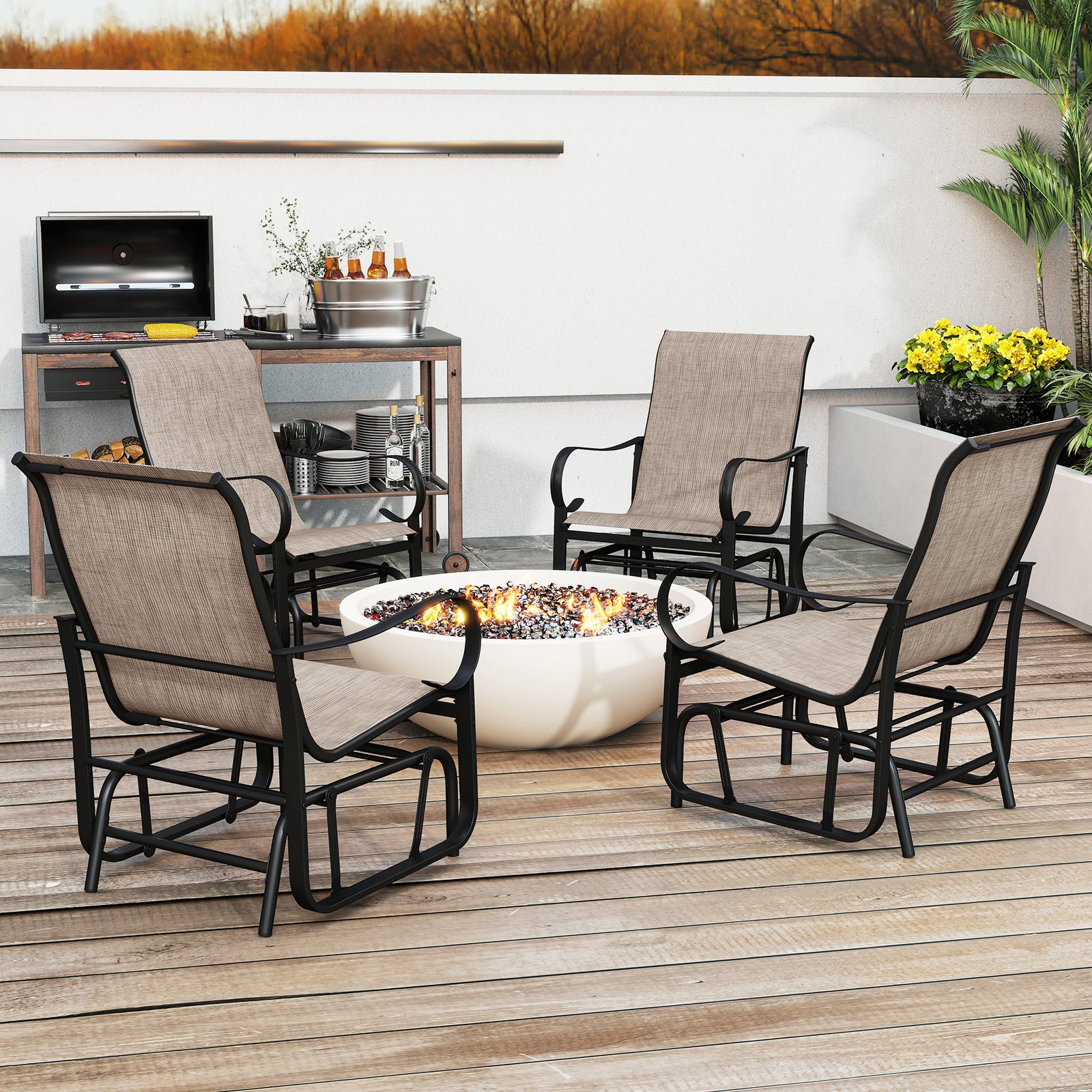 Outdoor Glider Chairs Set of 2, High Backrest, Breathable Mesh, Metal Frame, Black and Brown Patio Rocking Chairs & Gliders at Gallery Canada