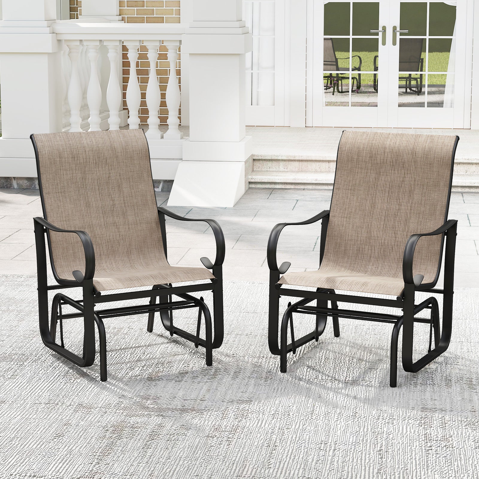 Outdoor Glider Chairs Set of 2, High Backrest, Breathable Mesh, Metal Frame, Black and Brown Patio Rocking Chairs & Gliders at Gallery Canada
