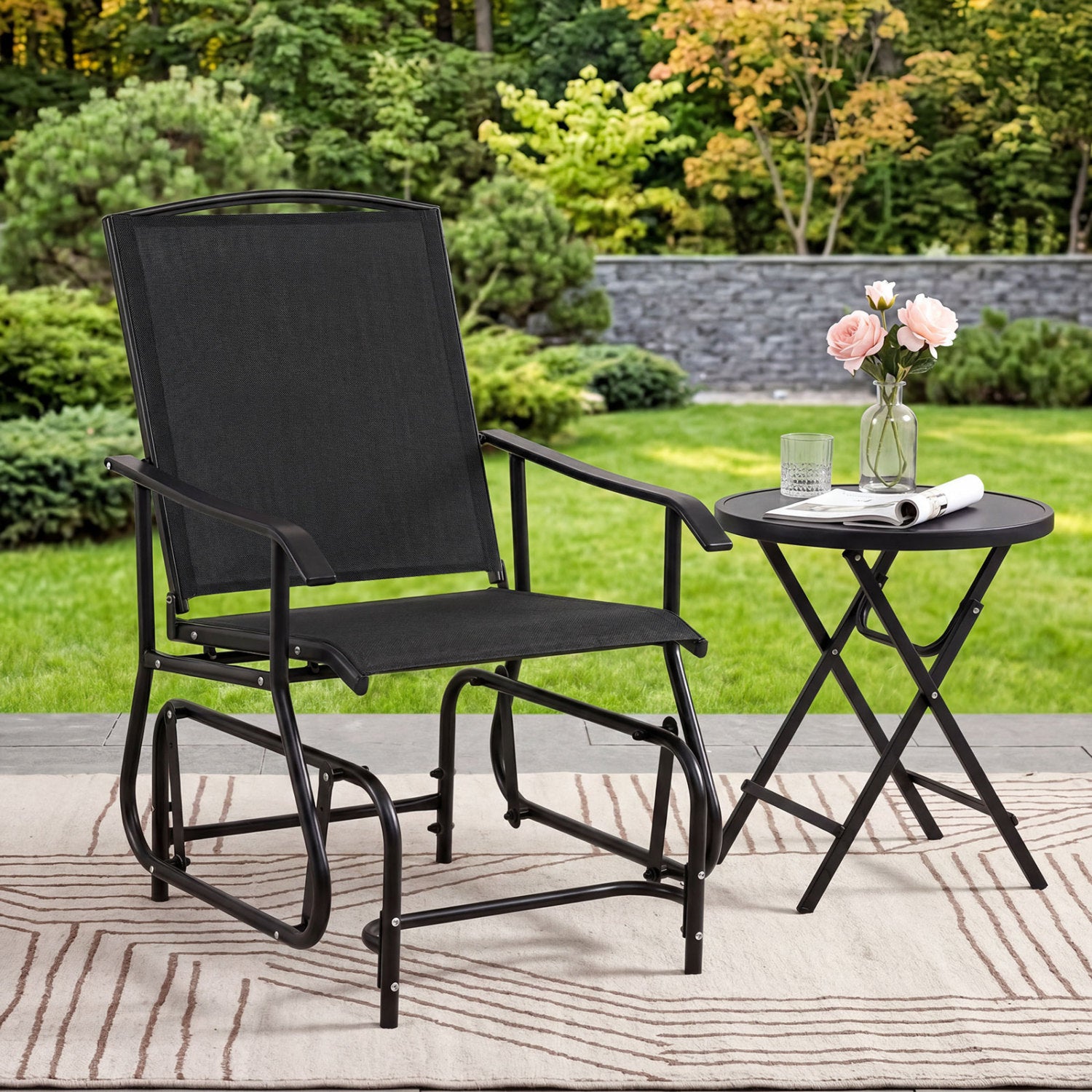Outdoor Glider Chair with Metal Frame and Armrests, Black Patio Rocking Chairs & Gliders at Gallery Canada