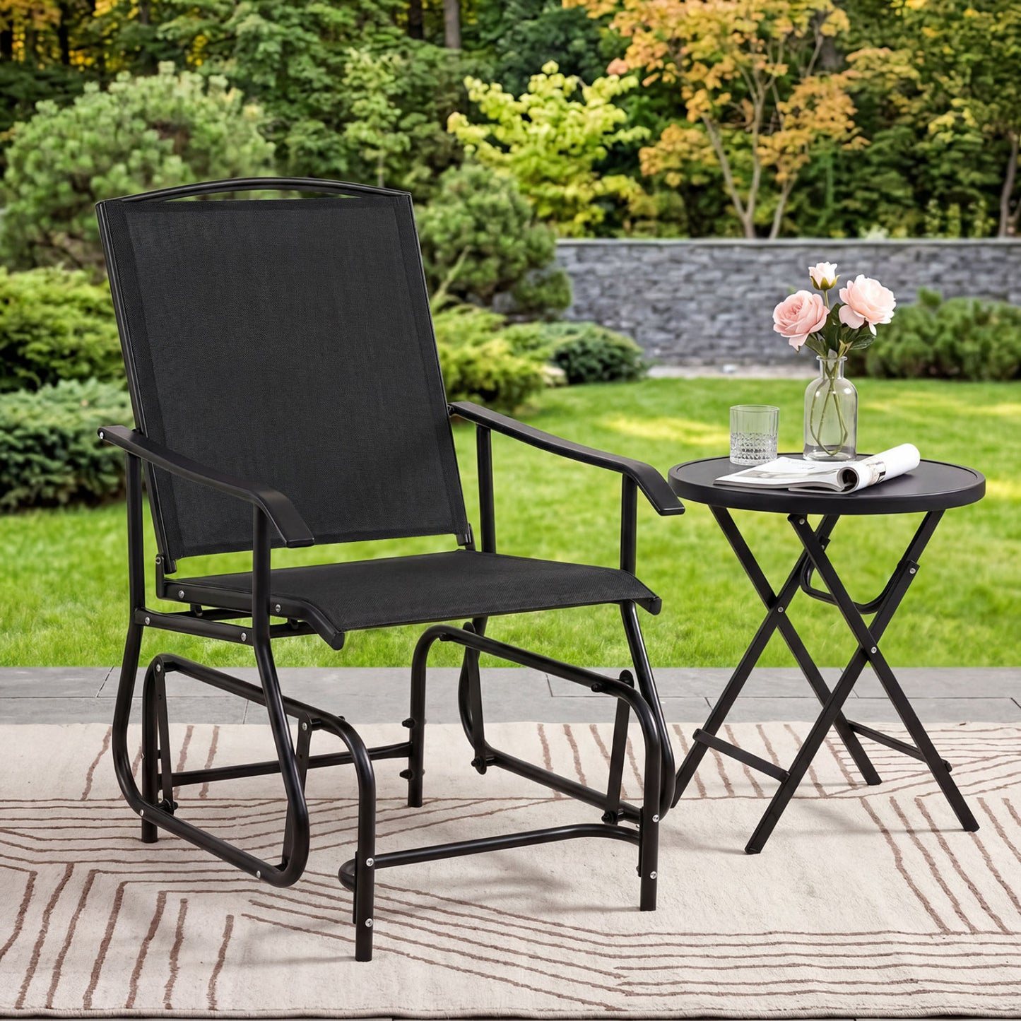 Outdoor Glider Chair with Metal Frame and Armrests, Black Patio Rocking Chairs & Gliders at Gallery Canada