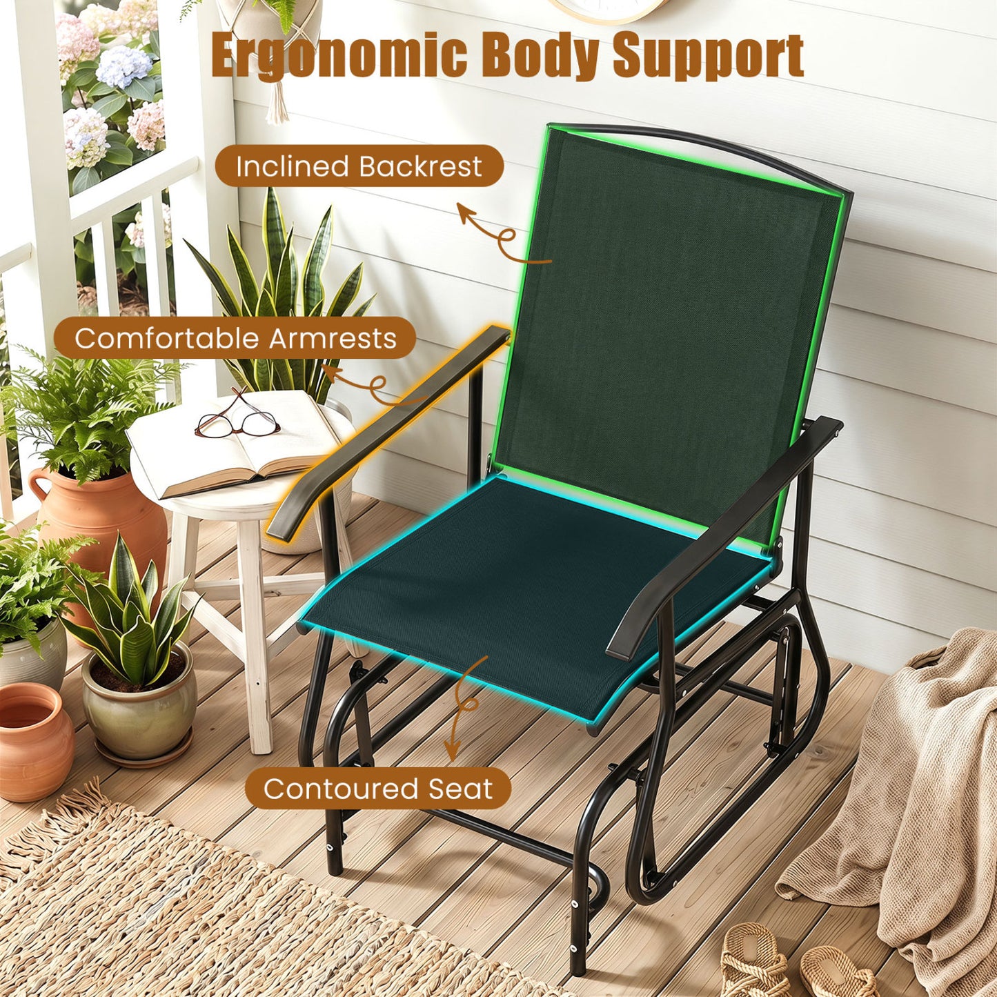 Outdoor Glider Chair with Metal Frame and Armrests, Black Patio Rocking Chairs & Gliders at Gallery Canada