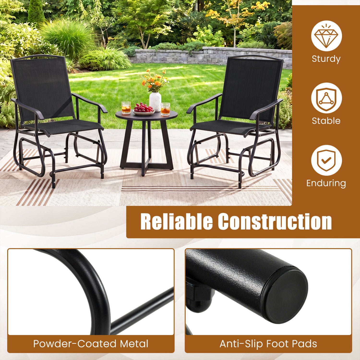 Outdoor Glider Chair with Metal Frame and Armrests, Black Patio Rocking Chairs & Gliders at Gallery Canada
