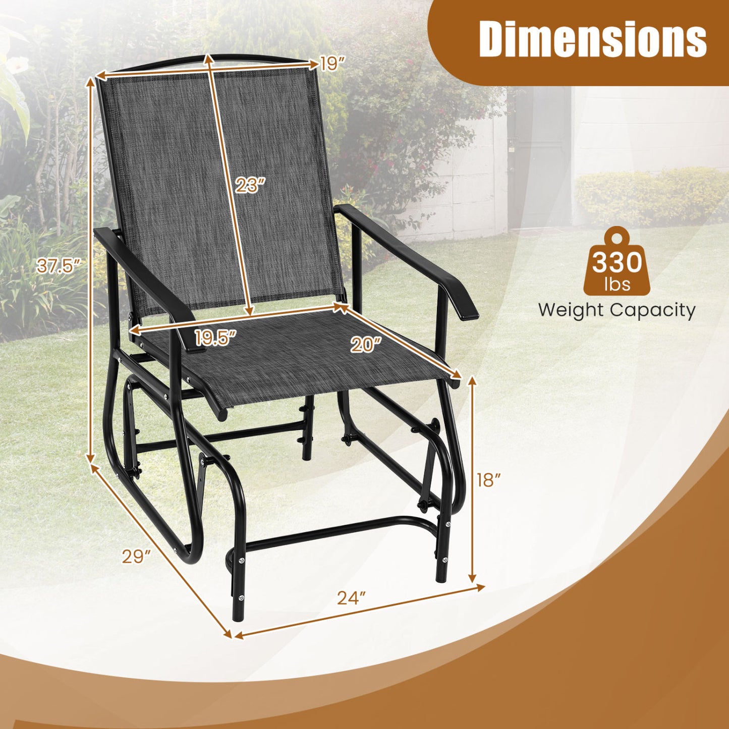 Outdoor Glider Chair, Metal Frame, Gray