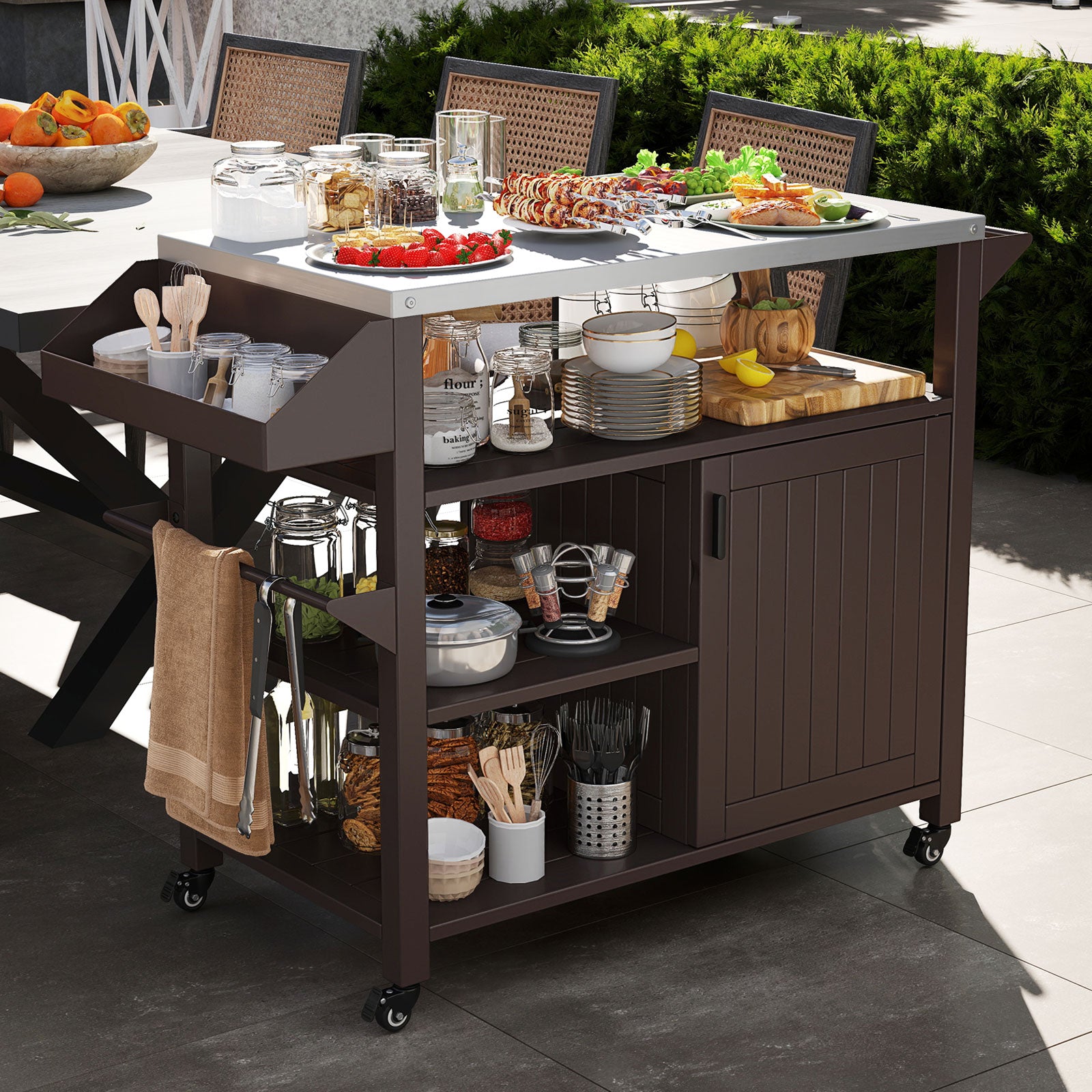 Outdoor Grill Cart with Storage Cabinet Shelves and Stainless Steel Top, Brown Outdoor Grills at Gallery Canada