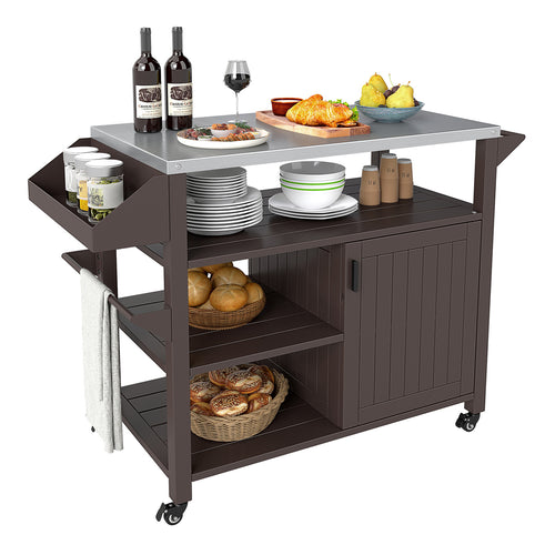 Outdoor Grill Cart With Storage Cabinet, Stainless Steel Top, Brown