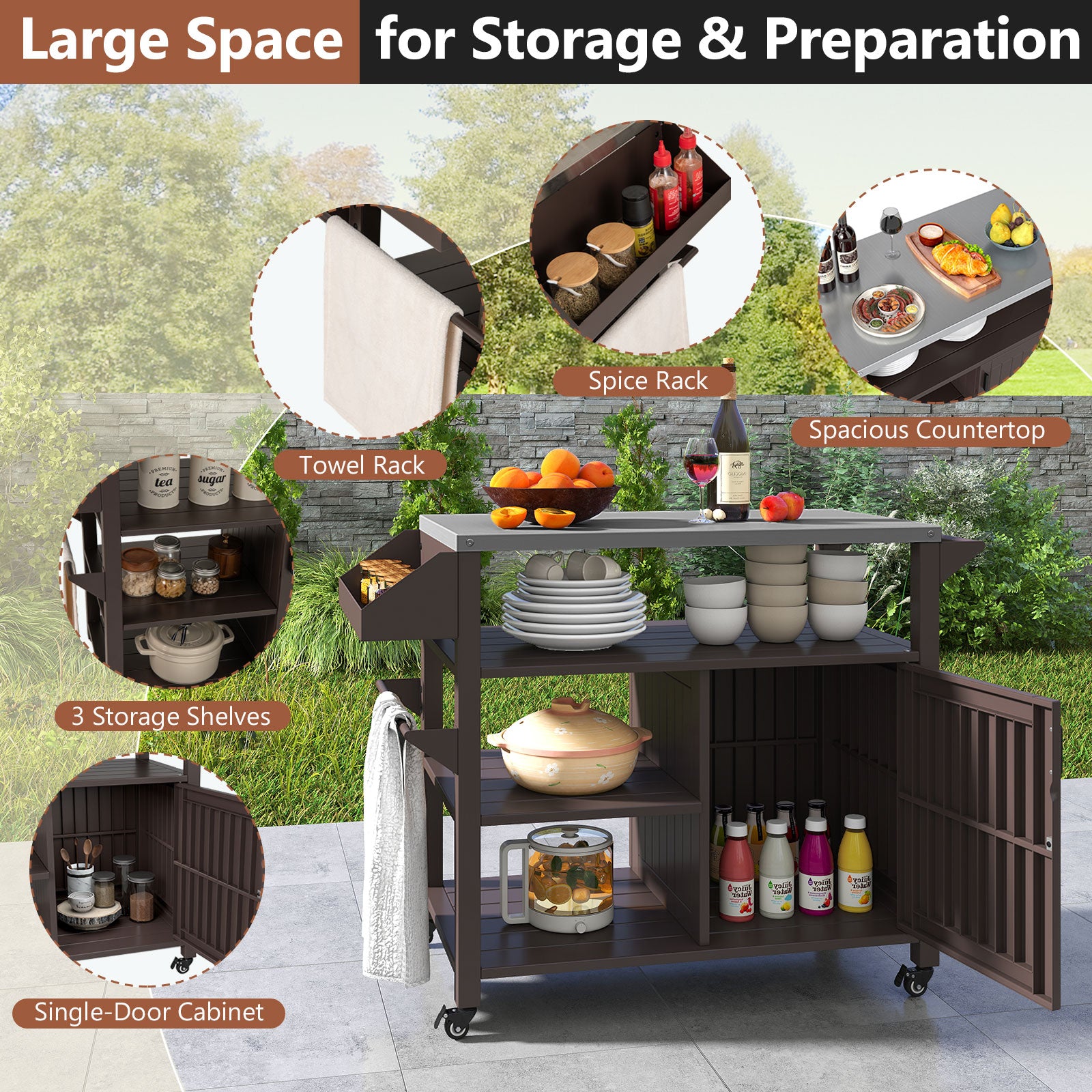 Outdoor Grill Cart with Storage Cabinet Shelves and Stainless Steel Top, Brown Outdoor Grills at Gallery Canada