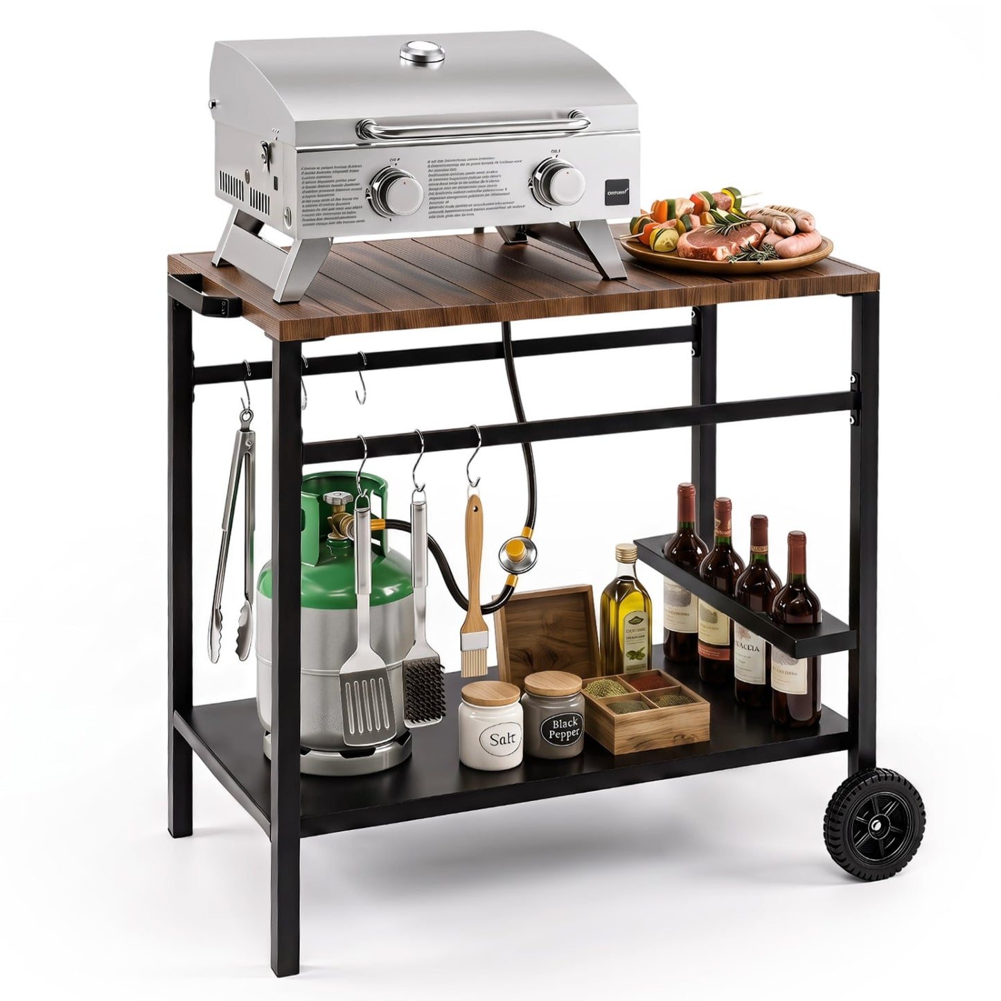 Outdoor Grill Cart with Spice Rack, Brown