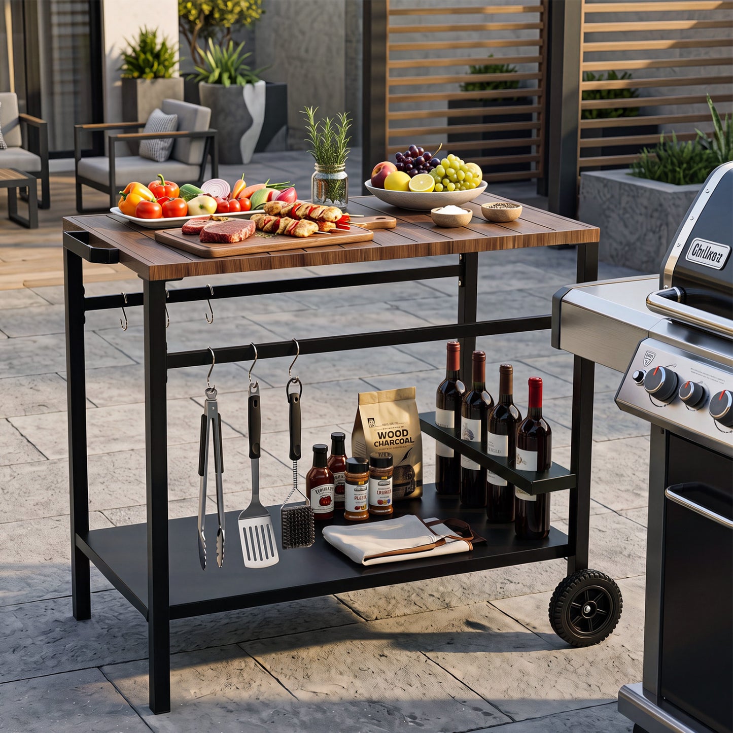 Outdoor Grill Cart with Spice Rack, Brown