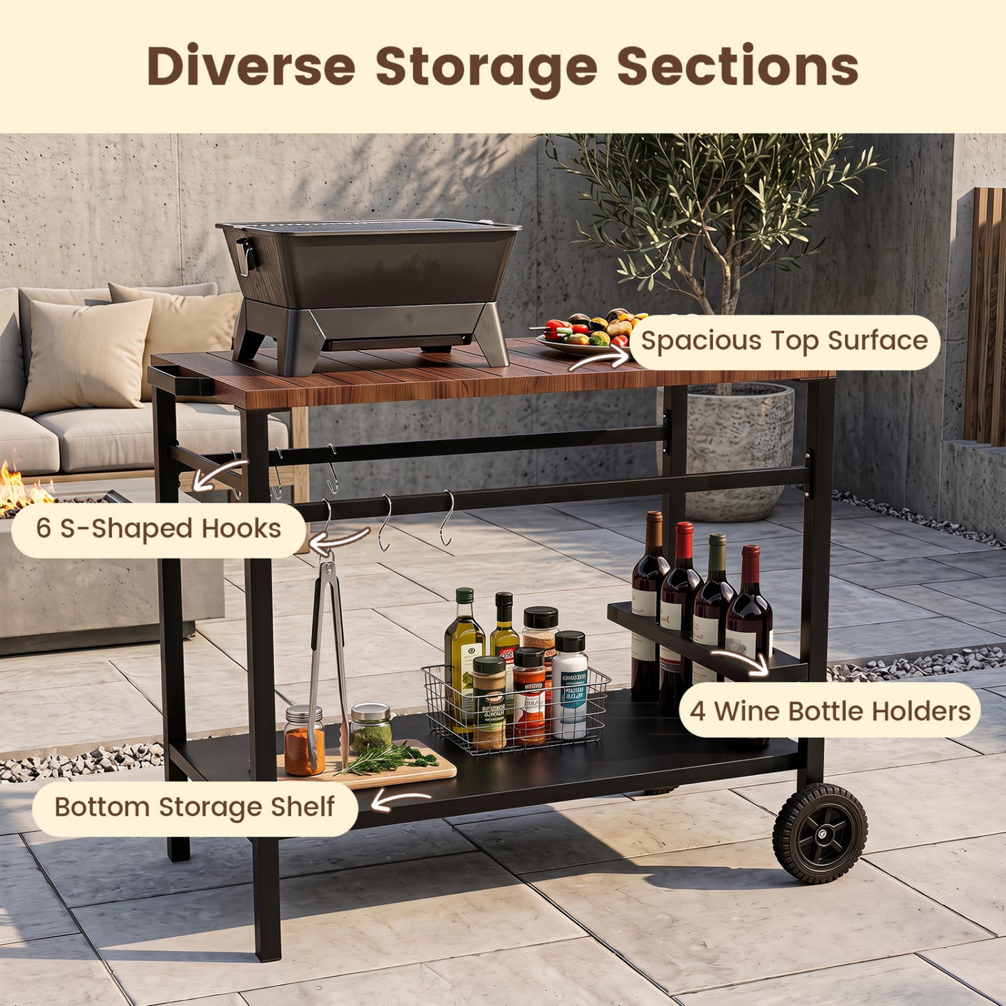 Outdoor Grill Cart with Spice Rack, Brown