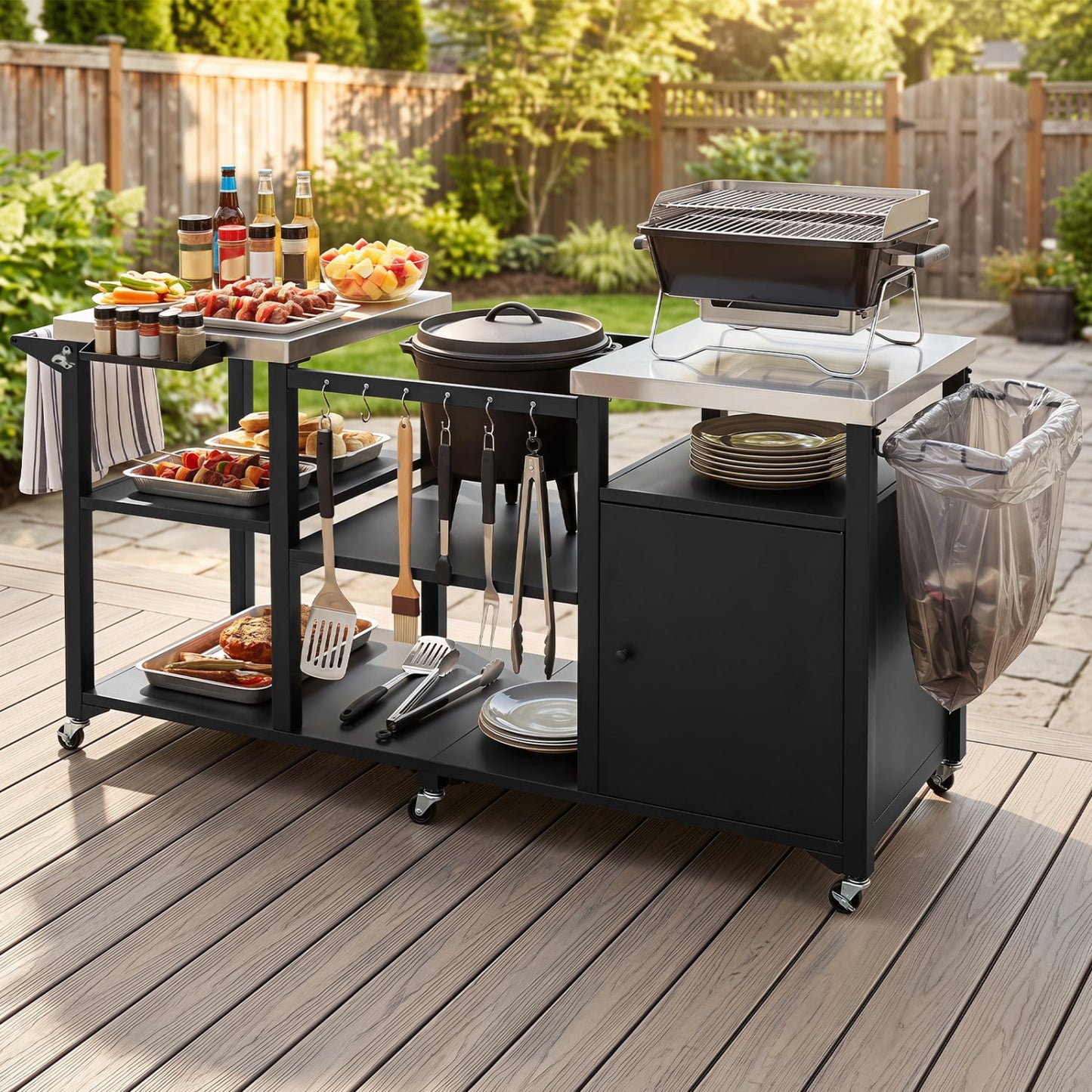 Outdoor Grill Cart, Stainless Steel Tabletop, Black