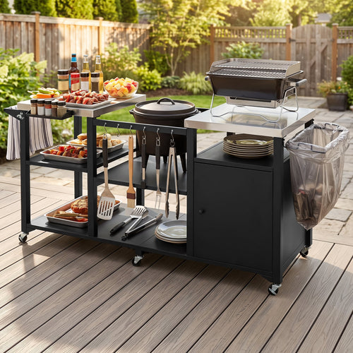 Outdoor Grill Cart, Stainless Steel Tabletop, Black