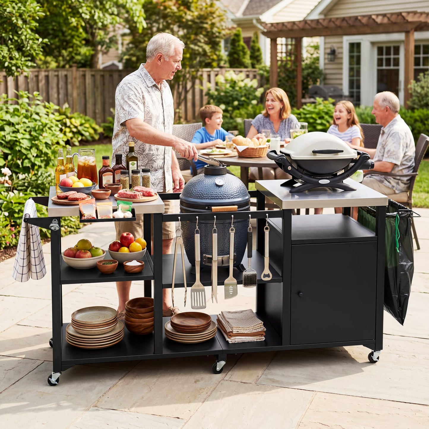 Outdoor Grill Cart, Stainless Steel Tabletop, Black