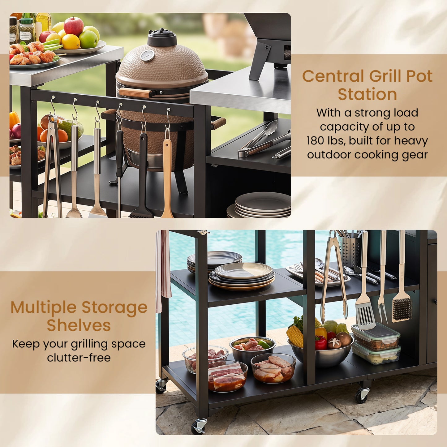 Outdoor Grill Cart, Stainless Steel Tabletop, Black